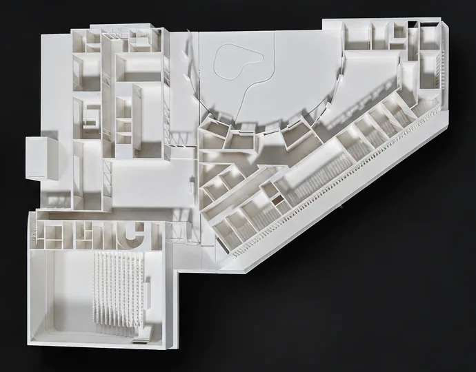 Maquette d'architecture imprimée en 3D vue de dessus, sans toiture: cloisons, circulations et gradins de la salle visibles