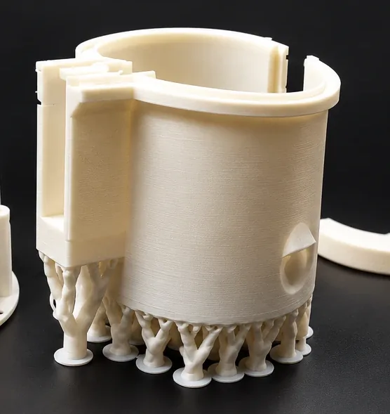 Pièce de prototype imprimée en 3D pour un robot de préparation de plats cuisinés, sur ses supports d'impression