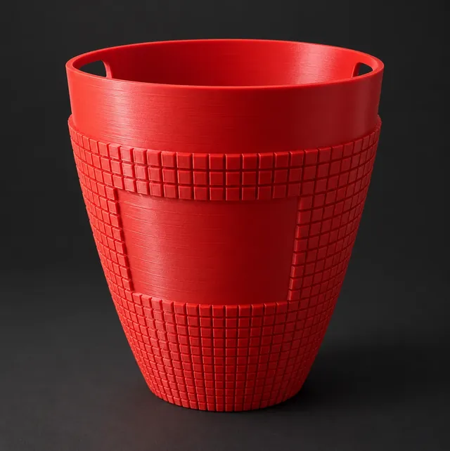 Vase décoratif rouge imprimé en 3D avec texture de petits cubes en relief