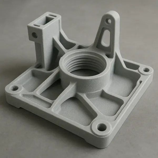 Support mécanique imprimé en 3D avec taraudage central, perçages de fixation et nervures
